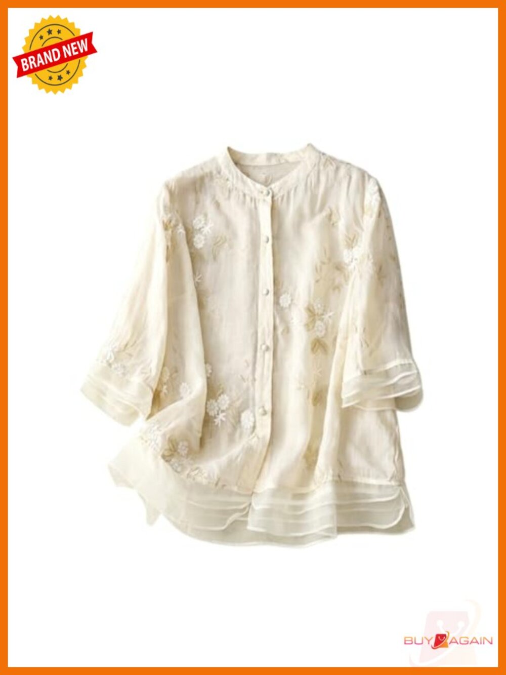 Cotton Linen Floral Embroidered Ruffle 3/4 Sleeve Blouse Tunic Top